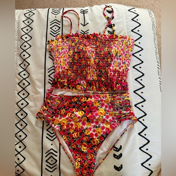 Decree Other - Flower Print Ribbed Tube Top w/ Corset Back & Bottoms